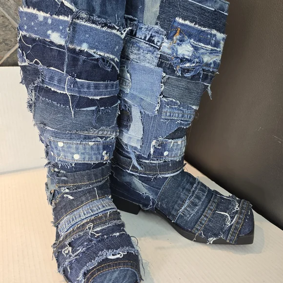 Custom Patchwork Denim Boots - Picture 1 of 8